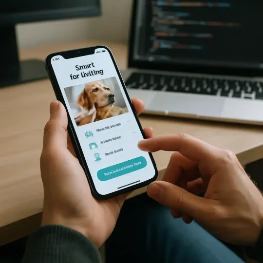 Dog getting groomed while owner books next visit on a pet grooming app
