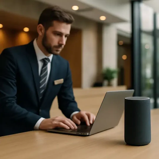 Hotel front desk using AI voice agents to handle guest calls and room requests
