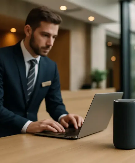 Hotel front desk using AI voice agents to handle guest calls and room requests