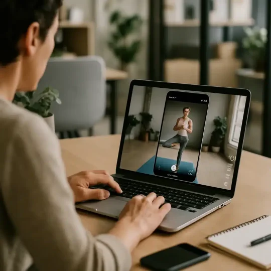 Yoga instructor filming yoga studio reels on a phone tripod inside a bright studio