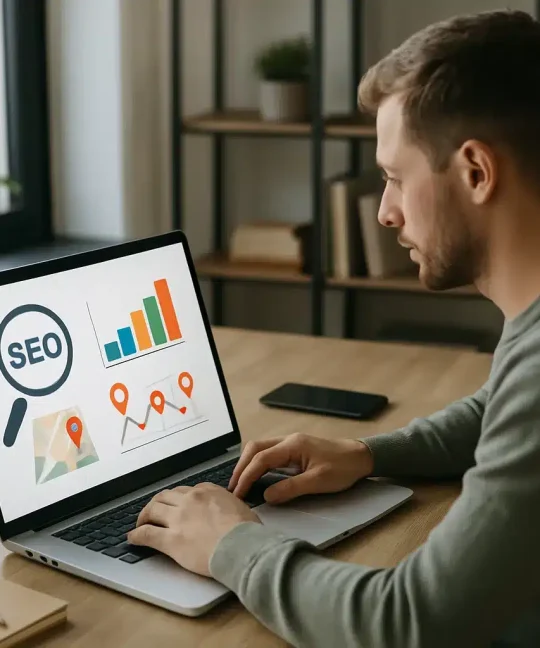 Chiropractor using laptop to review local chiropractor SEO rankings on Google