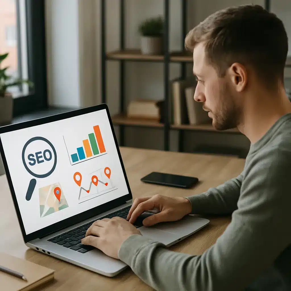 Chiropractor using laptop to review local chiropractor SEO rankings on Google