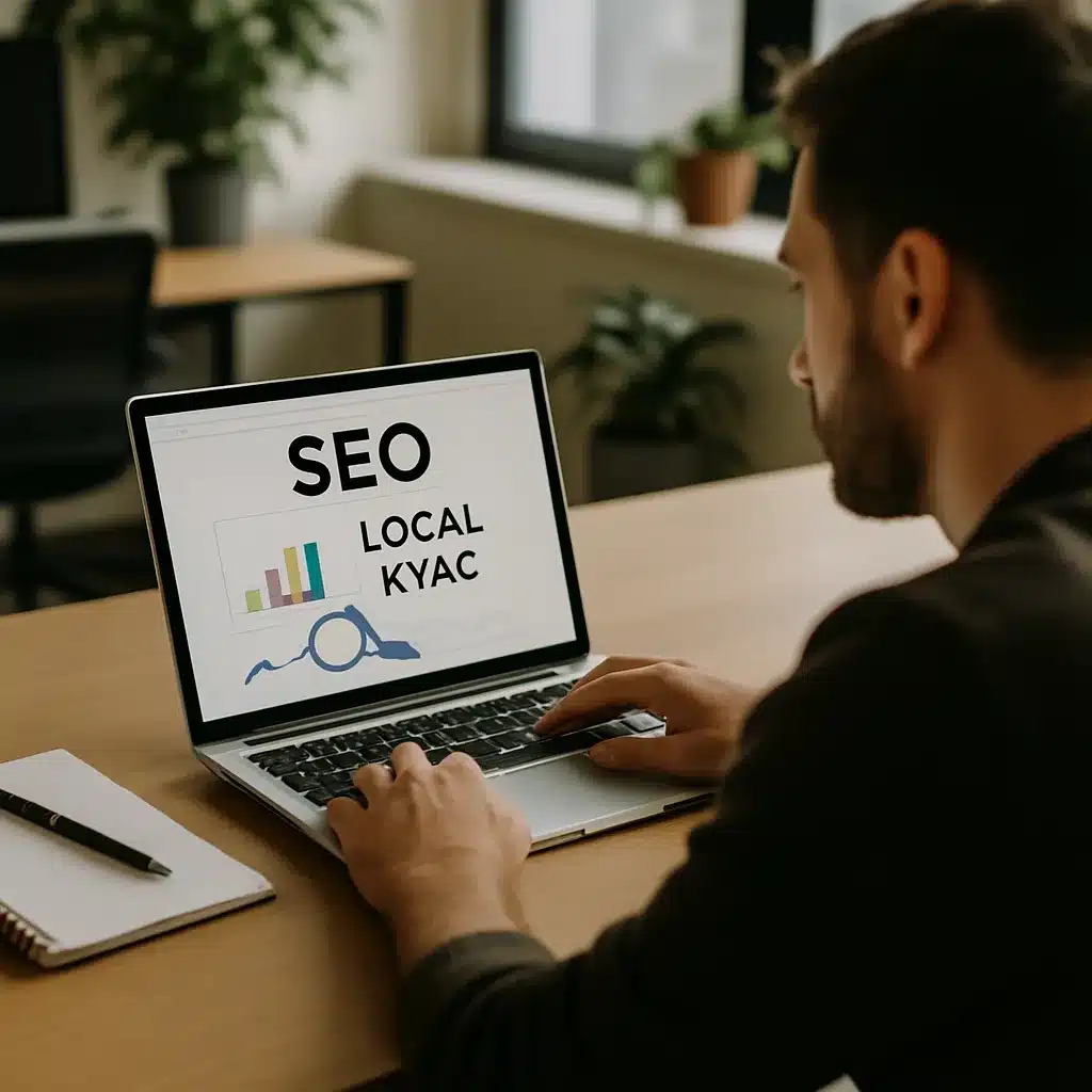 HVAC technician reviewing local HVAC SEO rankings on a laptop at a service van